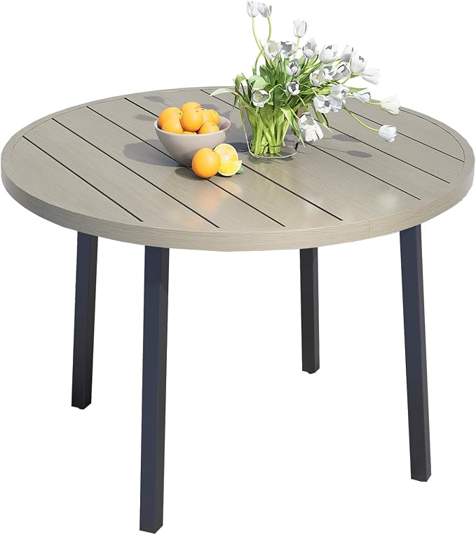 Outdoor Round Dining Table for 4, 42" Large Metal Wrought Iron Metal Table with Umbrella Hole, All Weather Patio Furniture for Deck, Yard, Porch - Honey Oak