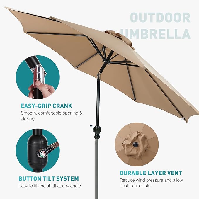 OLIXIS 9ft Patio Umbrella with Tilt and Crank Button & 8 Sturdy Ribs Waterproof, Patio Table Umbrella Perfect for Poolside, Terrace, Beach and Outdoor Restaurant, Khaki