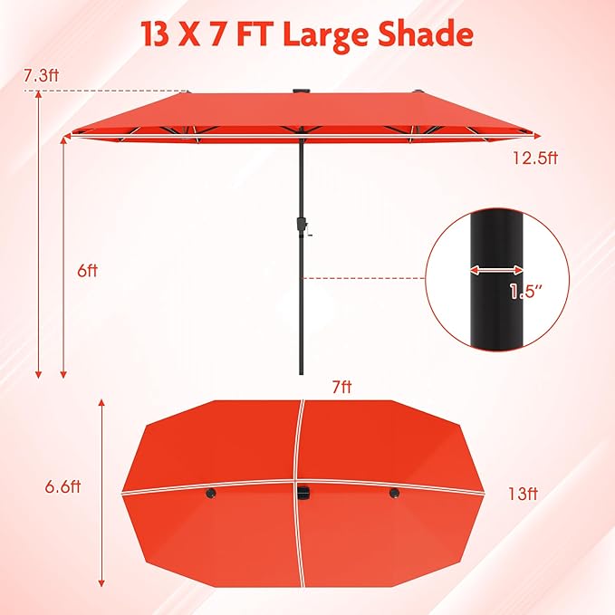 Tangkula 13 FT Solar LED Patio Umbrella, Double-Sided Outdoor Table Market Umbrella with 108 LED Lights, 12 Heavy-Duty Ribs, Crank Handle for Garden Deck Lawn Poolside Beach (Orange)