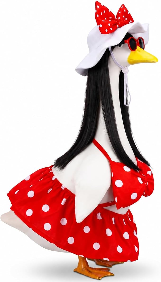 Abbylike Summer Bikini Porch Goose Outfit Red Polka Dot Bikini Goose Costume Clothes with Wig Sun Hat Sunglasses Fits Large 23'' H Cement Statue for Outdoor Yard Patio Lawn Art Decoration