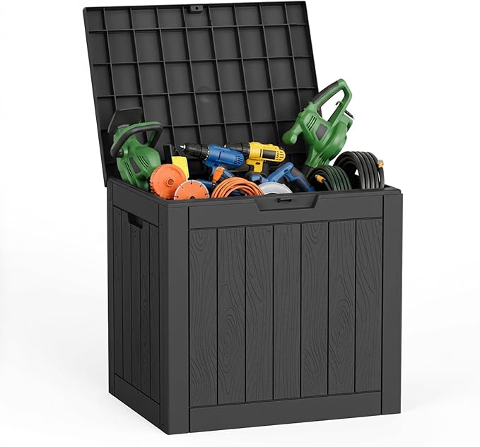 PatioZen 35 Gallon Outdoor Deck Box,Waterproof Resin Outdoor Storage Boxes, Outside Storage Lockable Container for Garden Tools,Indooor Cushions,Accessories (Black)
