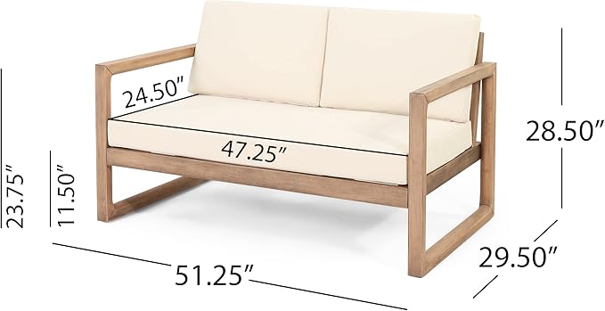 Christopher Knight Home Stefan Acacia Wood Outdoor Loveseat and Coffee Table Set with Cushions, 2 Piece Patio Conversation Set, Brown Wash, Beige