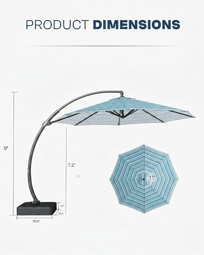 11 FT Cantilever Umbrella with Base Included, Large Round 360° Rotation Offset Umbrella Outdoor Patio, Heavy Duty Aluminum Frame, Sand-Weighted Stand, for Deck, Backyard, Pool, Garden (Blue and green stripes)