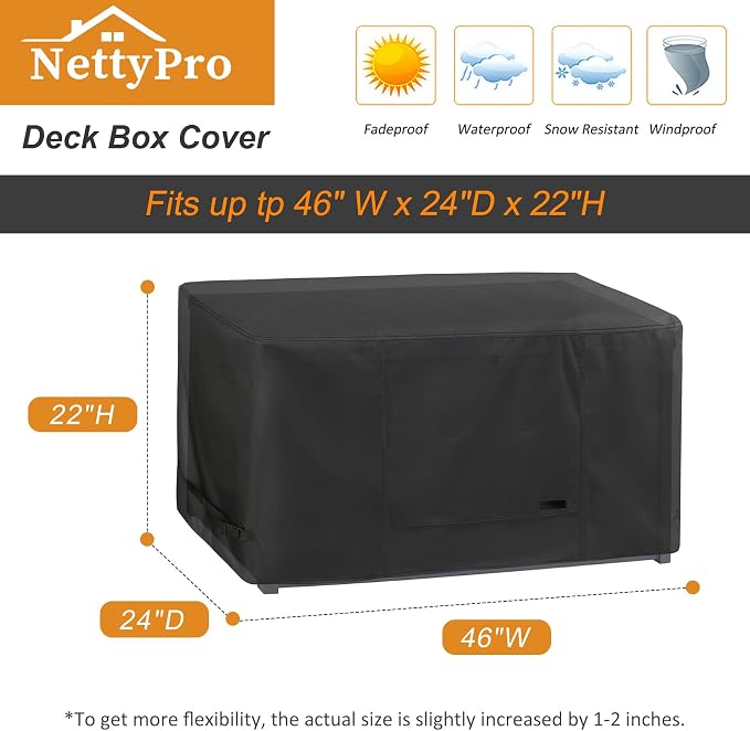 NettyPro Deck Box Cover Outdoor Waterproof Storage Bench Cover for Rectangular Deck Box, 46 x 24 x 22 inch, Black