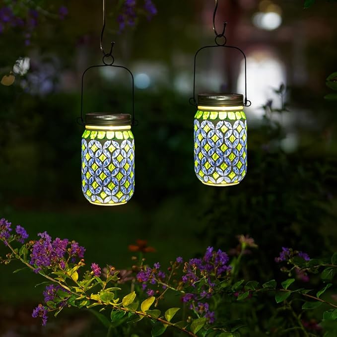Stargarden 4 Pack Mosaic Solar Lantern , Outdoor Hanging Lantern Waterproof Table Lamp Mosaic Night Light for Tree, Garden, Patio, Yard, Outdoor(Blue Green)