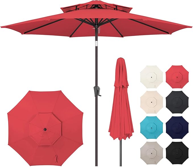 9FT Outdoor Patio Umbrella - 2 Tiers Table Umbrella Waterproof UV Protection, Sombrillas de Patio with Push Button Tilt, Sun Umbrella for Pool, Porch, Garden, Backyard (Red)
