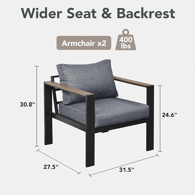 Patio Furniture Armchair Set of 2, All-Weather Patio Sofa with Washable Thick Cushion, Deluxe Aluminum Modern Outdoor Sectional for Porch, Balcony, Deck, Yard, Light Gray