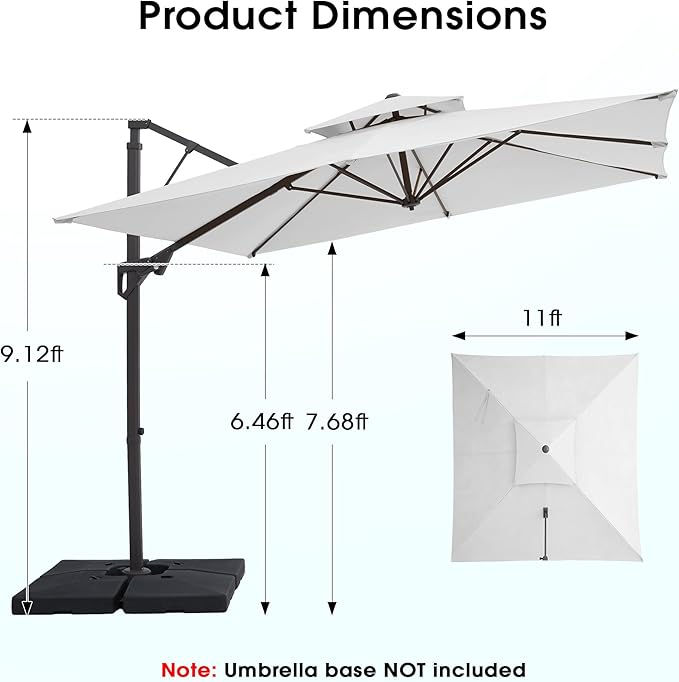 JEAREY 11ft 2-Tier Cantilever Patio Umbrella, Large Square Outdoor Offset Umbrella with Double Top Vent and 360-degree Rotation for Garden, Deck, Pool, Patio, Cream White