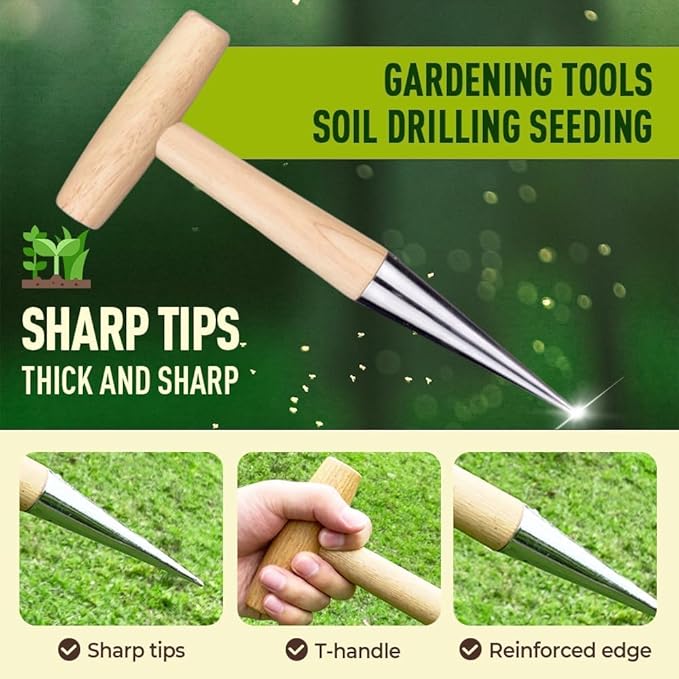 Plant Hole Digger for Planting, New Handheld Digger Garden Seed Planting Tool Bulb Planter Tool T Wooden Handl for Planting Tulip Daffodil Saffron Vegetable Seeds, Easy to Drill Holes (2 Pcs)