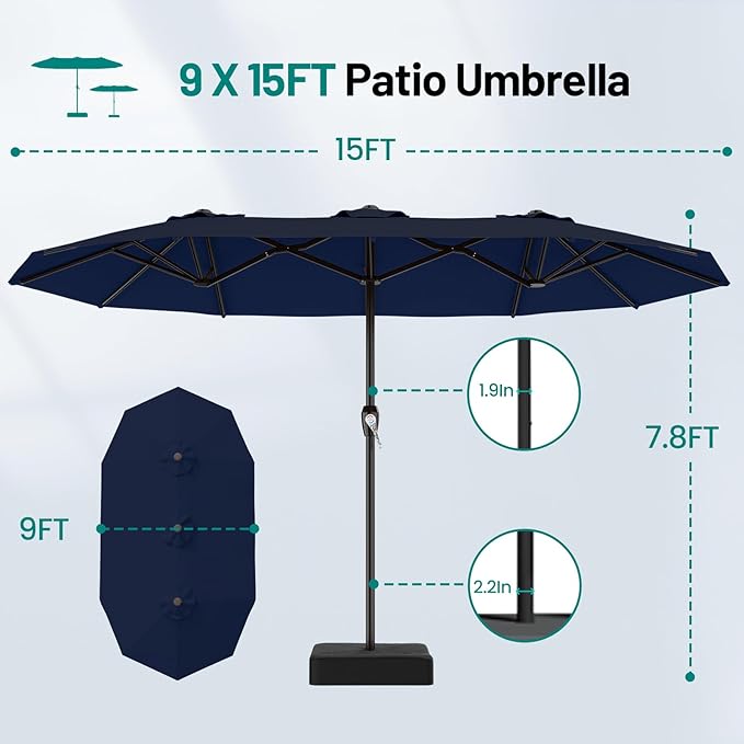 AreShark 15FT Outdoor Patio Umbrella with Crank, Large Rectangular Market Umbrella, Double-Sided Outdoor Umbrellas with Cross Base & Sandbag for Porch, Lawn, Pool, Backyard, Navy