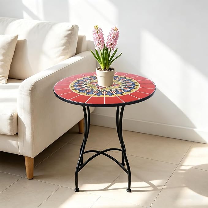 23.6" Outdoor Patio Mosaic Round Table Garden Bistro Accent Table | Ceramic Tile Waterptoof Side End Table Metal Frame Dining Table Furniture for Balcony Backyard Porch Poolside Terrace