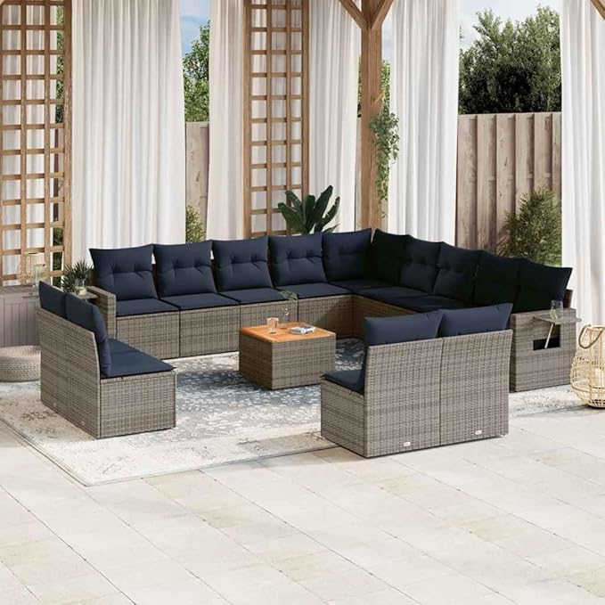 vidaXL Patio Sofa Set with Cushions 14 Piece, Outdoor Conversation Set, Sectional Sofa for Balcony Garden, Patio Furniture, Gray Poly Rattan