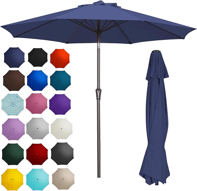 PatioKingdom 9FT Patio Outdoor Umbrella-UPF 50+ Sun Shade with Wind Vent, Push-Button Tilt & Smooth Crank Lift, Rust-Resistant Fiberglass Frame for Garden, Backyard,Yard (Navy)