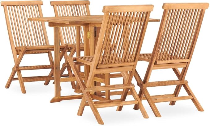 5 Piece Folding Patio Dining Set Solid Teak Wood Outdoor Table and 4 Chairs Space Saving Furniture for Garden Deck Backyard Poolside Entertaining Weather Resistant