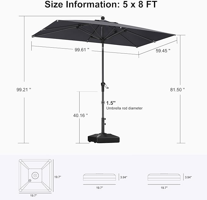 PURPLE LEAF 8' x 5' Rectangle Patio Market Umbrella with Base Outdoor Table Umbrellas Aluminum Frame Sun Shade with 8 Sturdy Ribs Tilt for Garden Deck Lawn Pool Light Gray