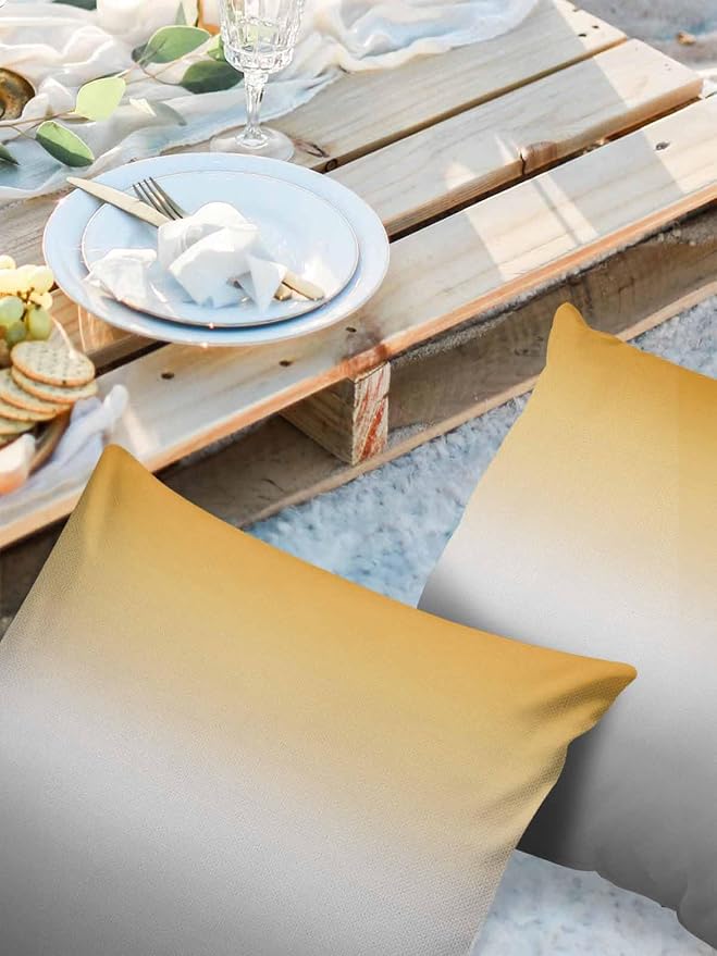 Outdoor Waterproof Throw Pillow Covers Set of 2 Yellow and Grey Ombre Pillowcases 18x18 Inches Gradient Color Patio Decorative Pillows Cushion Case Patio Pillows for Couch Bed Chair Garden