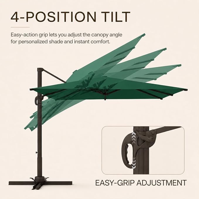 Kingdura 10x10 FT Cantilever Patio Umbrella with Base Included, Large Square Aluminum Offset Outdoor Pool Umbrella, 360° Rotation & 4-Position Tilt, UV Protection for Deck Backyard (Dark green)