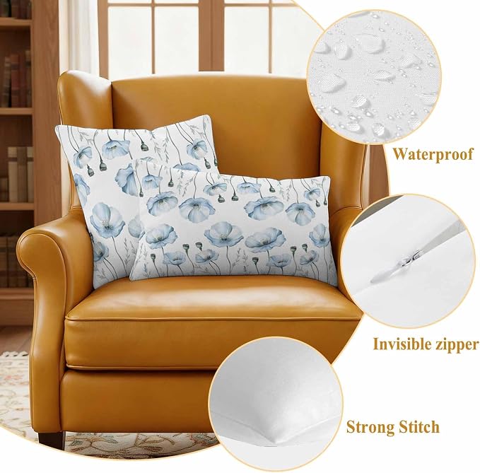 Blue Poppy Floral Waterproof Outdoor Pillow Covers Set of 2 Home Decor, Farmhouse Pastoral Botanical Flowers Pillowcase Patio Pillow Covers for Couch Bench Furniture Garden 16x16in