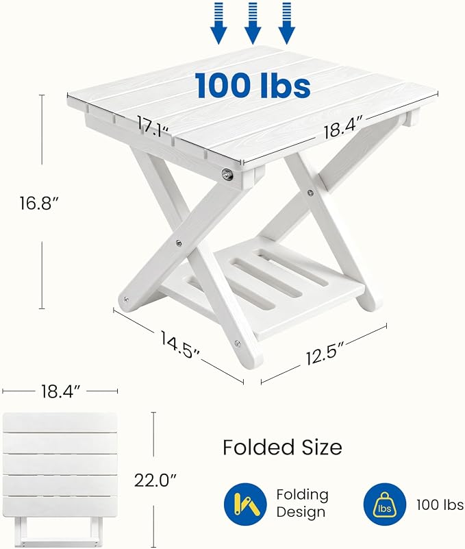 Folding Outdoor Side Table, 2-Tier Storage Heavy Duty HDPE Patio End Table | No Assembly, Weather Resistant, Wood-grain Texture, Easy to Clean, White Porch table