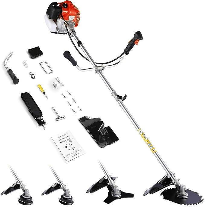 58CC Gas Powered Weed Wacker, 4-in-1 Cordless String Trimmer Brush Cutter, 2-Cycle Straight Shaft Grass Trimmer for Lawn and Garden Care Trimming