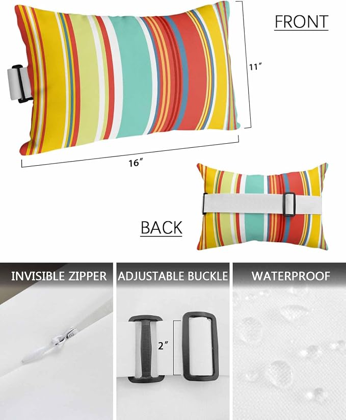 Outdoor Pillows Covers with Inserts Colorful Stripes Red Yellow Teal Green Wood Texture Waterproof Pillow with Adjustable Strap Throw Pillows for Patio Furniture Recliner Lounge Chair, 11" x 16", 1PCS