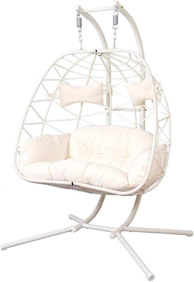 Double Egg-Shaped Hammock Chair with Stand Swing Egg Chair, Wicker Hanging Chair with Washable Cushion Sturdy Metal Stand, 600lbs Capacity for Indoor Outdoor Patio Living Room Etc(White+White)