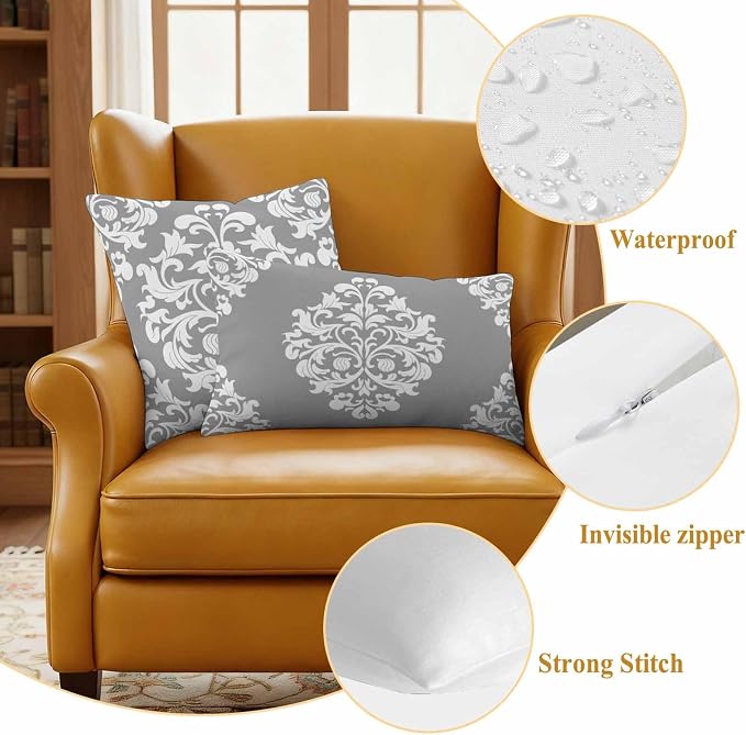 Outdoor Pillow Covers Set of 2, Damask Abstract Flower Grey Decorative Throw Pillow Covers 20X12IN, Classic Luxury Floral Throw Pillows Protector Cushion Case for Patio,Couch,Sofa,Garden