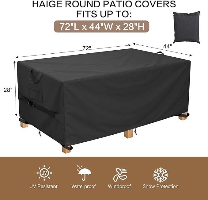 HAIGE Patio Furniture Cover Waterproof, 72" Rectangular Patio Table Cover, Heavy Duty 600D Outdoor Table and Chairs Cover, UV Resistant, Windproof with Air Vents, Drawstring & Buckle Straps, Black