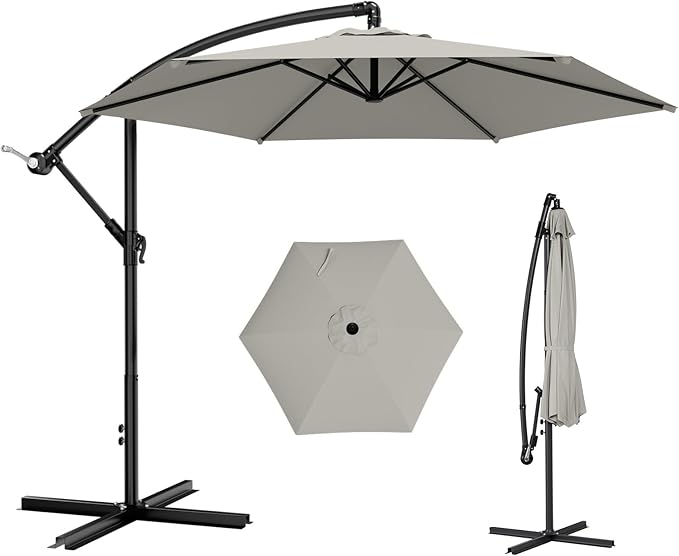 AreShark 10FT Patio Outdoor Umbrella, Offset Patio Umbrella Cantilever Umbrella, 6 Sturdy Ribs, Easy Adjustment for Garden Market Pool with Cross Base (Light Gray)