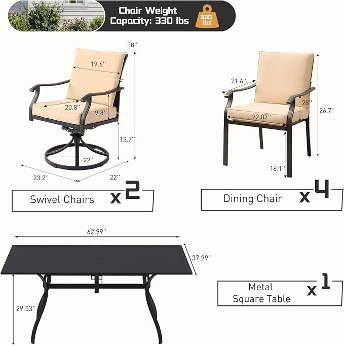7 Piece Outdoor Patio Dining Set, 62’’ Rectangular Metal Dining Table & 4pcs Metal Dining Chairs & 2pcs Swivel Rocking Chairs , Outdoor Furniture Dining Set for Patio, Balcony, Lawn, Garden, Backyard