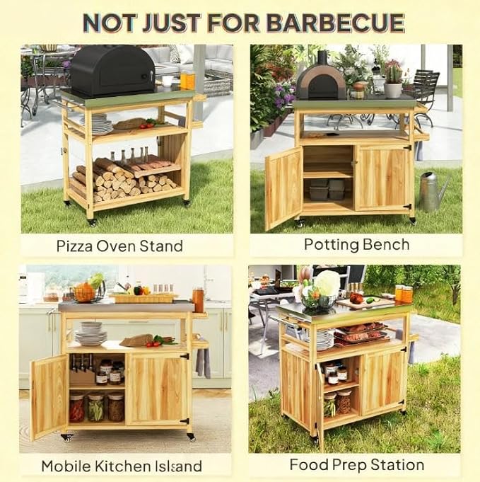 Outdoor Storage Cabinet and Grill Cart with Stainless Steel Top, Rolling Patio Kitchen Island for BBQ Tools and Pizza Oven, Solid Fir Wood Storage Box with Wheels, 43 x 20 x 36 Inches