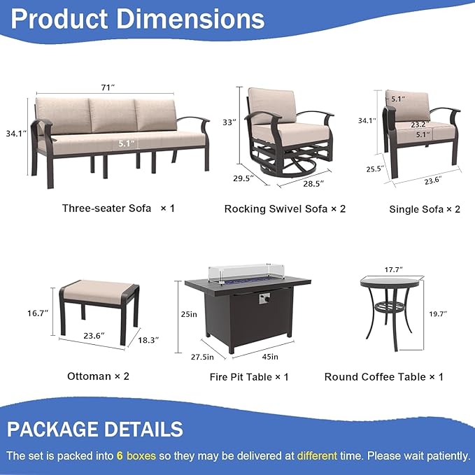 Kullavik Aluminum Patio Furniture Set with Propane Fire Pit Table,9-seat Metal Outdoor Furniture w/Swivel Chairs,Patio Sectional Sofas w/2 Ottomans for Porch,Backyard,Poolside-Sand