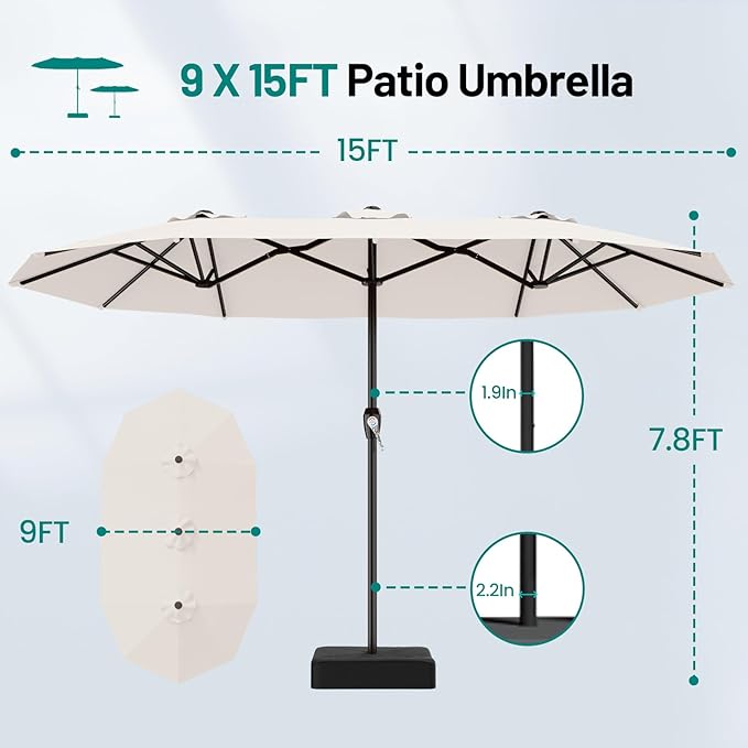 AreShark 15FT Outdoor Patio Umbrella with Crank, Large Rectangular Market Umbrella, Double-Sided Outdoor Umbrellas with Cross Base & Sandbag for Porch, Lawn, Pool, Backyard, Cream-White