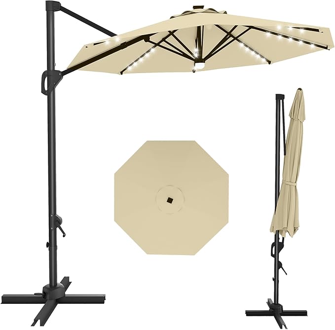 GarveeLife 10 ft Cantilever Umbrella Outdoor Patio Umbrella Solar LED w/Base Included Market Offset Umbrella Sun Shade Windproof with 360-Degree Rotation for Patio Garden Deck Pool, Beige