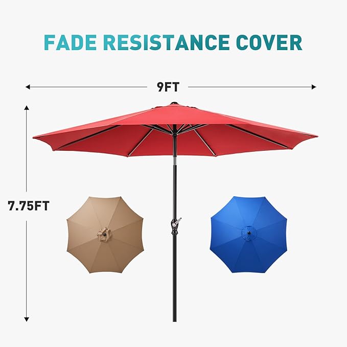 OLIXIS 9FT Patio Umbrella with Tilt and Crank Button & Sturdy Ribs Waterproof, 9Feet Patio Table Umbrella Perfect for Poolside, Terrace, Beach and Outdoor Restaurant
