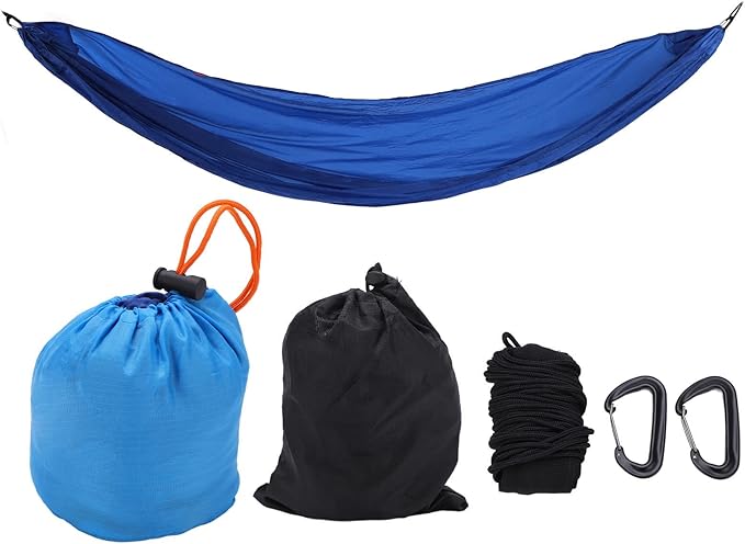 Portable Parachute Camping Hammock, Lightweight Outdoor Hammock with Aluminum Snap Hooks and Storage Bag for Hiking, Travel, and Picnics, 200kg Load Capacity (Blue)