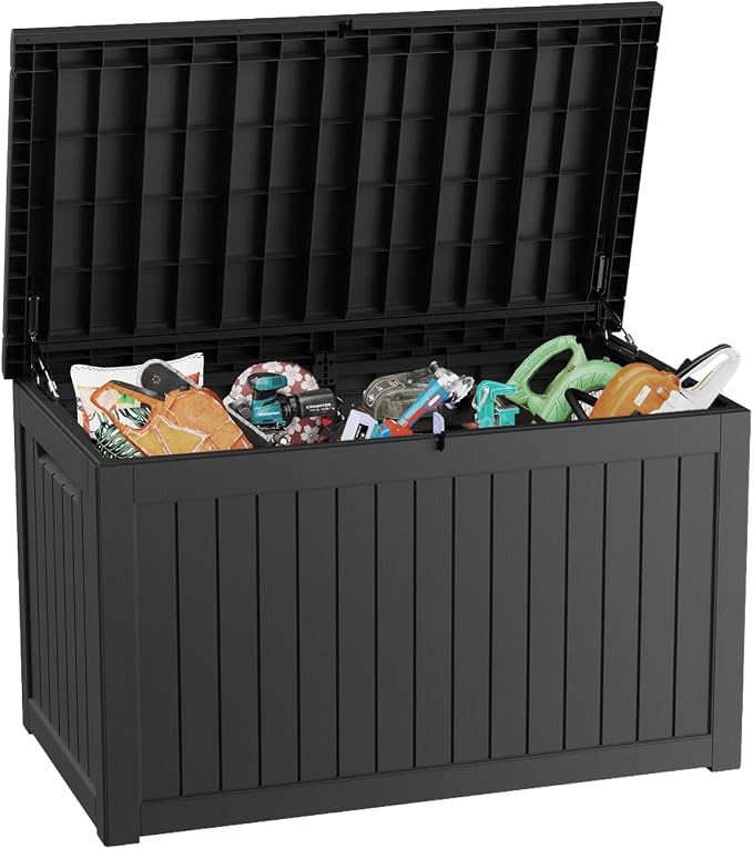 MONDAWE 230 Gallon Resin Deck Box Waterproof Outdoor Storage Box Lockable Patio Storage Container Bench Seating for Cushions Garden Tools Pool