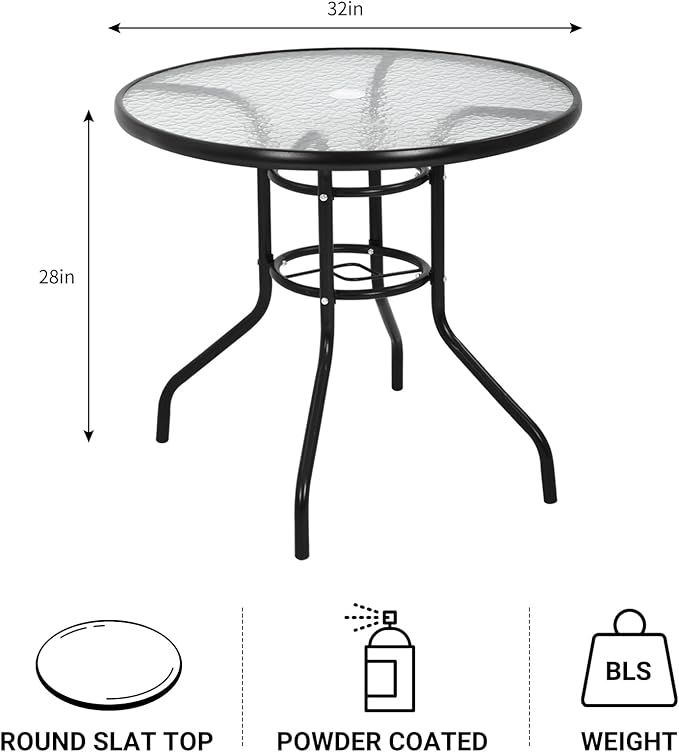 32" Outdoor Patio Table with Umbrella Hole Round Outdoor Coffee Table Tempered Glass Top, All Weather Dining Table Bistro Table Suitable for Backyards, Balconies, Gardens and Lawns (Round)