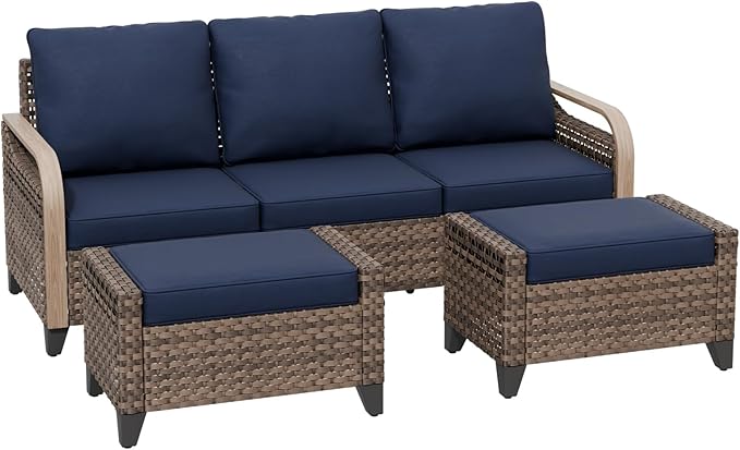 COOS BAY Modern Wicker Outdoor Furniture Set, 3 Piece Patio Conversation Set with a 3 Seat Couch and 2 Ottomans, 3 Piece, Brown/Blue