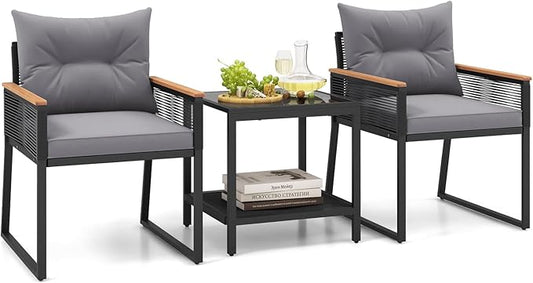 HAPPYGRILL 3 Pieces Patio Furniture Set PE Rattan Wicker Chairs with 2 Tier Coffee Table, Soft Back and Seat Cushions, Outdoor Conversation Set for Backyard, Garden and Poolside