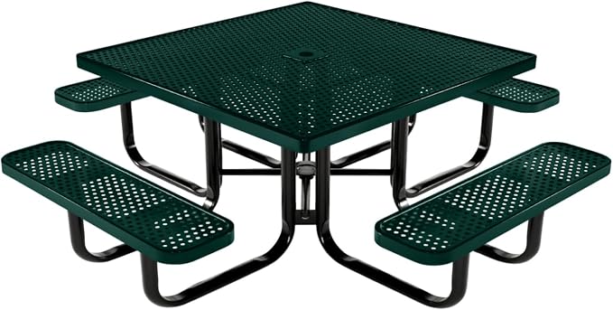 COATEDOUTDOORFURNITURE Heavy-Duty Portable Outdoor Kids Table with Umbrella Hole, Punched Steel Kids Picnic Table, Commercial-Grade, Made in America (46 in, Square, Childrens, Dark Green)