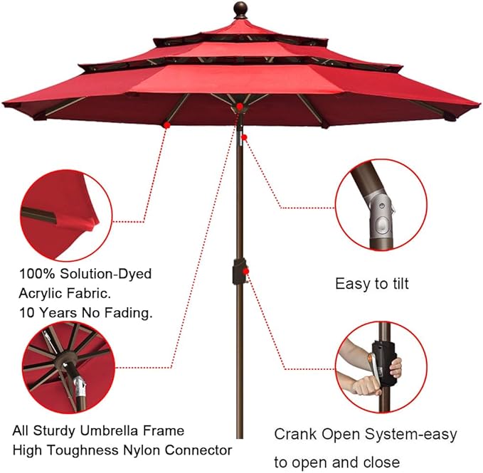 EliteShade USA 10-Year-Non-Fading 9ft 3-Tier Market Patio Umbrella, Commercial Grade Outdoor Table Umbrella with Crank Open, Windproof & UPF 50+ UV Protection, Heavy Duty Ventilation for Garden, Deck, Pool, Backyard, Beach & Bistro, Logo Red