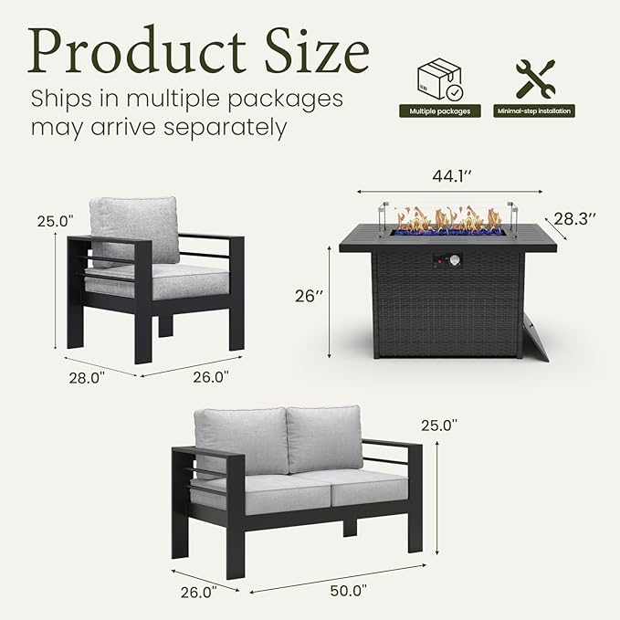 LayinSun Aluminum Furniture Set with Fire Pit Table, 4 Pieces Patio Sectional Conversation Chat Sofa Modern Seating Set