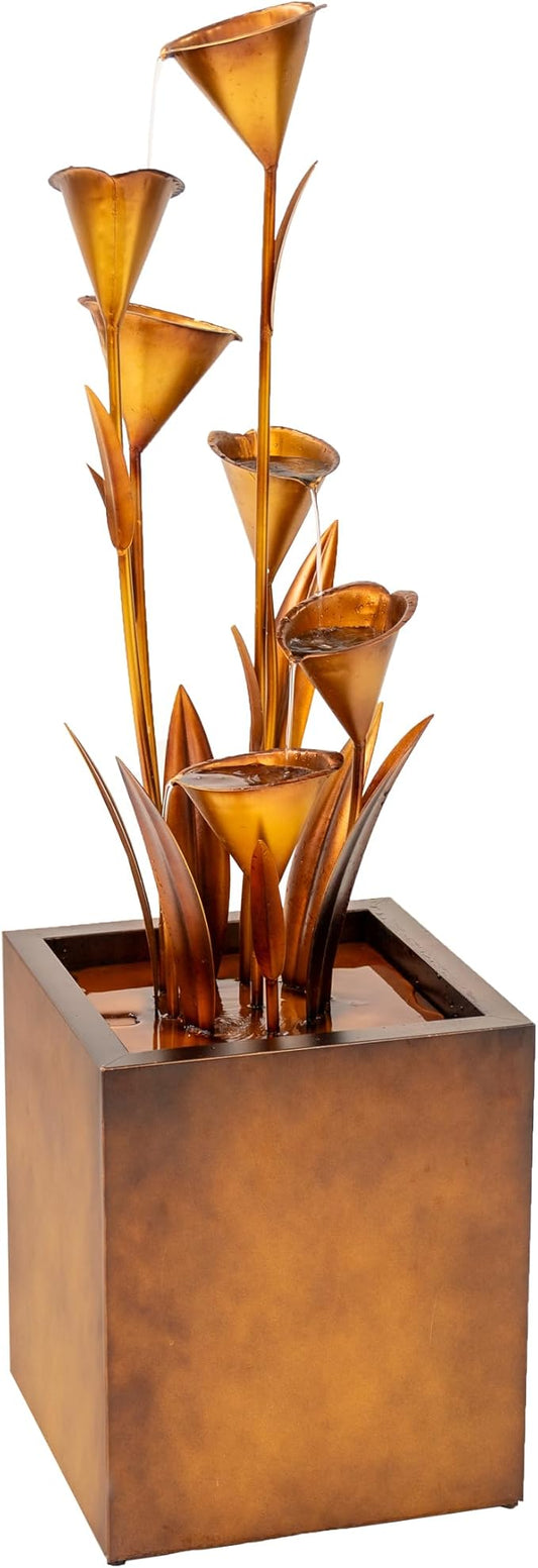 XBrand 46" Tall Metal Sculptural Flower Multi-Tier Freestanding Water Fountain for Indoor & Outdoor Use, Decorative Garden Patio Backyard Water Feature, Bronze