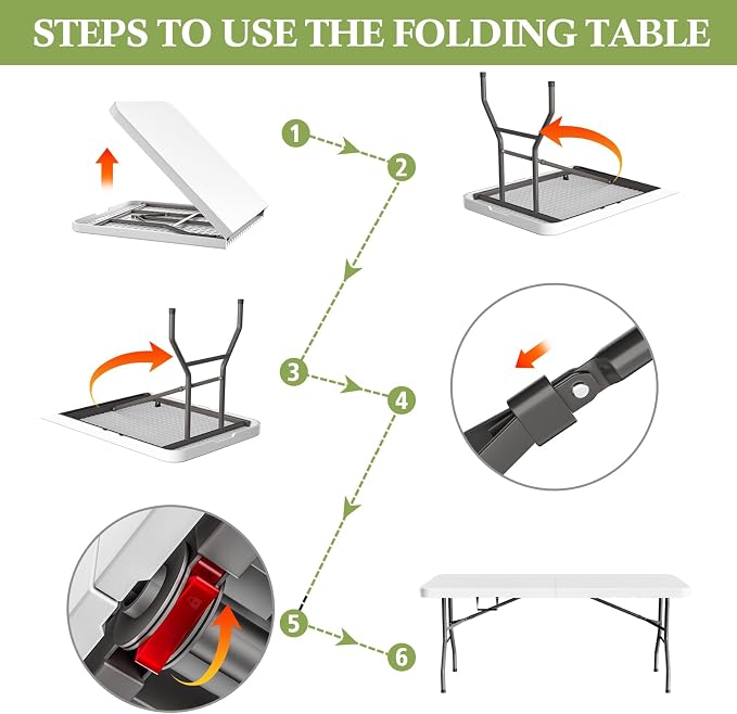 MEI&CO 6ft Heavy-Duty Outdoor Folding Table for 6 - Sturdy HDPE Top, 350lbs Capacity, Foldable Lockable Design, No Assembly - Camping Parties Picnics (White)