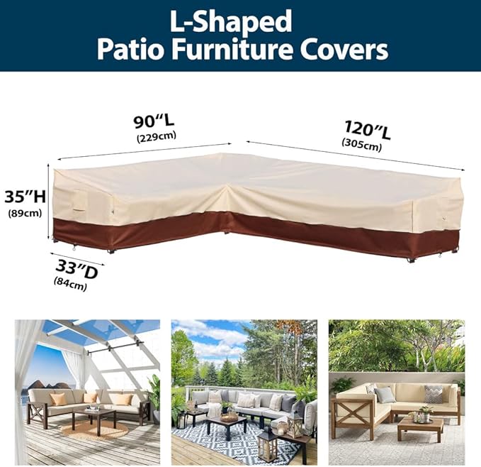 Outdoor Sectional Cover Patio Furniture Covers Waterproof Rip-Stop Anti-UV 600D Heavy Duty Couch Sofa Cover with 3 Air Vent (Beige & Reddish Brown, L-shaped 90"x120")