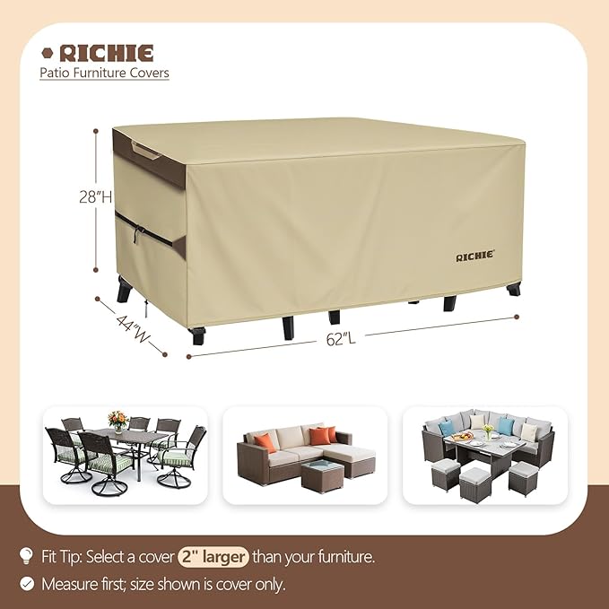 RICHIE Outdoor Patio Furniture Cover - Heavy Duty Waterproof 600D Tough Canvas Protector for Rectangular Table Cover, All-Season Dining Table and Chair Covers (62L x 44W x 28H Inch)