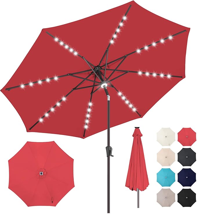 10ft Solar Umbrella Outdoor - Lighted Solar Patio Umbrella with 40 LED Lights Waterproof UV Protection, Table Umbrella with Tilt for Pool, Porch, Garden, Deck, Backyard (Red)