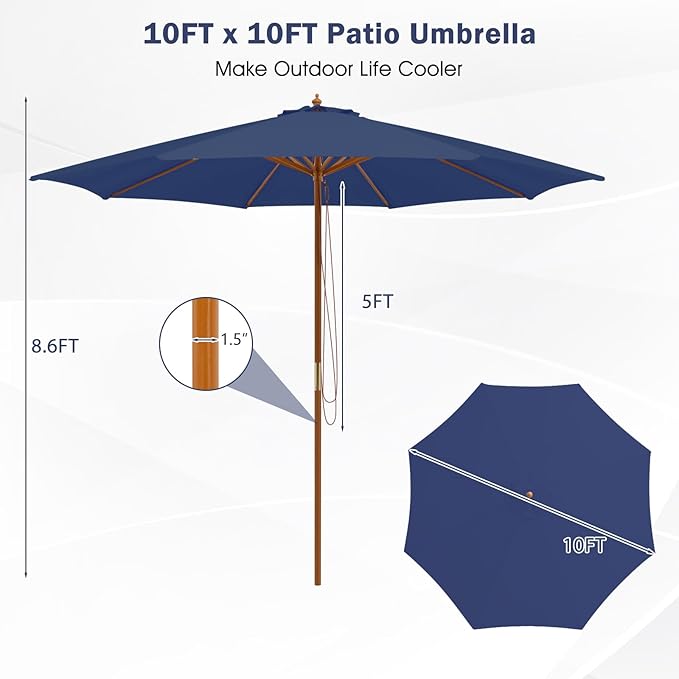 Giantex 10FT Patio Umbrella, Outdoor Table Market Umbrella with 8 Bamboo Ribs, Pulley Lift and Ventilation Hole, Outdoor Sunshade Umbrella for Poolside Backyard Beach