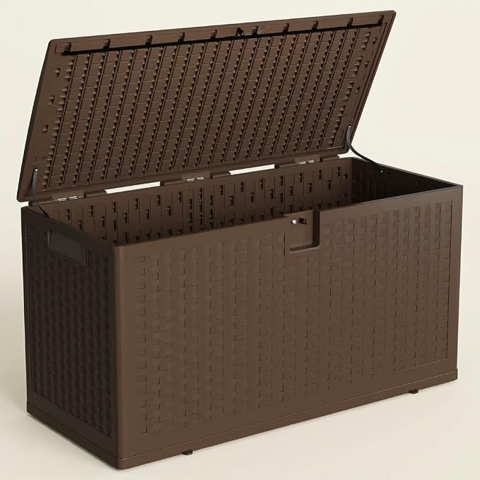 80 Gallon Brown Resin Deck Box, Waterproof Lockable Outdoor Storage Box, Multifunctional Patio Storage Container for Furniture Cushions, Garden Tools, Pool Accessories & Package Delivery
